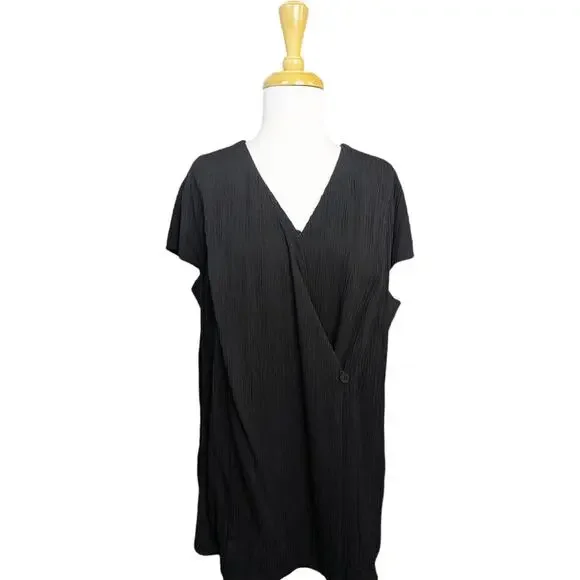 NEW MM LaFleur Valerie Wrap Top 1X Pleated Jersey Crepe Black Cap Sleeve - Picture 2 of 13